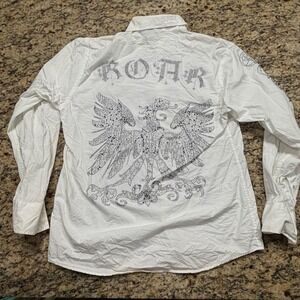 Roar Mens XL White Rhinestone Eagle Bedazzled Button Down Shirt Long Sleeve